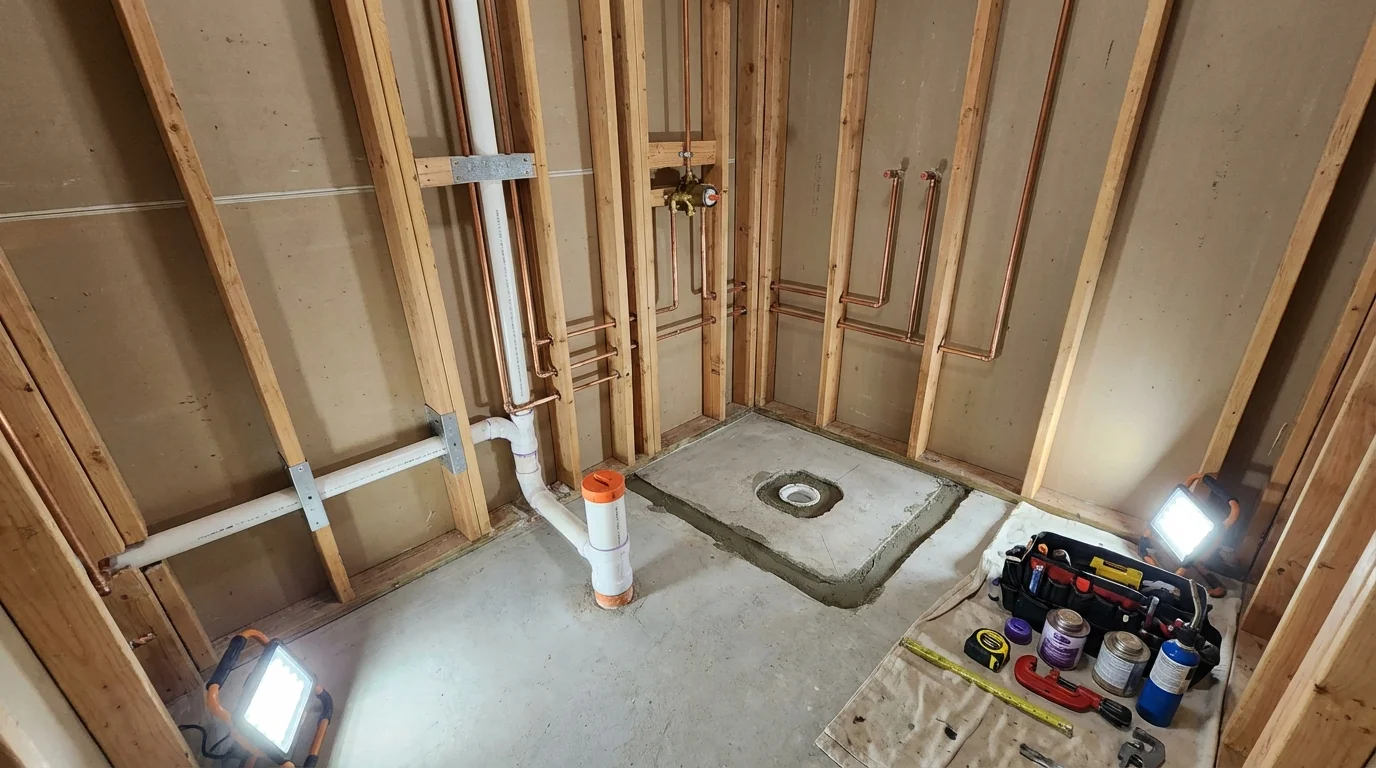Bathroom rough-in plumbing during remodel by Johns Plumbing LLC in Laguna