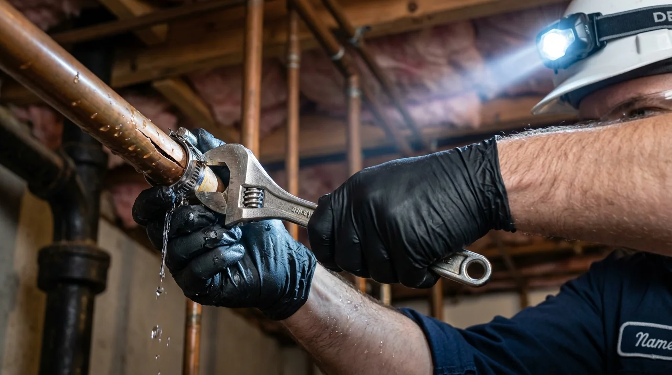 Emergency pipe clamp repair being performed by a Johns Plumbing LLC plumber in Laguna