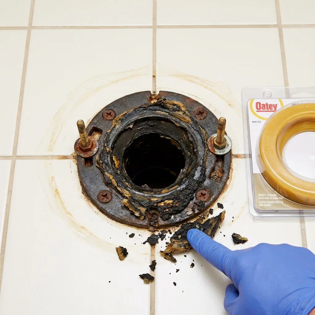 Failed wax ring showing water seepage at the base of a toilet in a Laguna, NM home