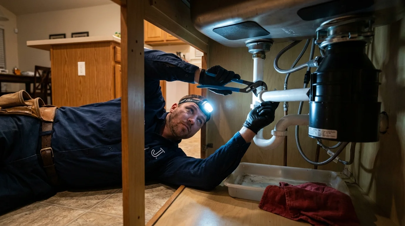 P-trap and supply line connections under a kitchen sink showing a common leak point in Laguna, NM